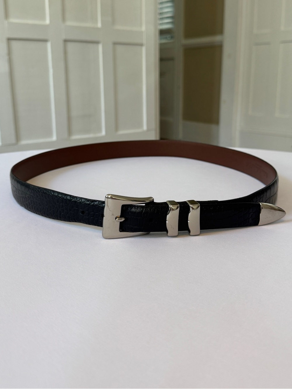 Torino Italian Embossed Black Calf Leather Dress Belt Silver Buckle USA Men’s 42